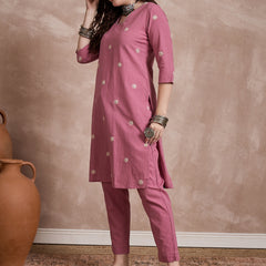 Floral Embroidered Thread Work Pure Cotton Kurta with Trouser