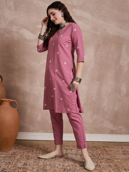 Floral Embroidered Thread Work Pure Cotton Kurta with Trouser
