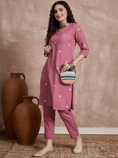 Floral Embroidered Thread Work Pure Cotton Kurta with Trouser