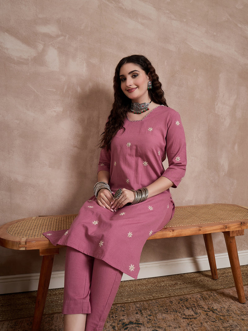 Floral Embroidered Thread Work Pure Cotton Kurta with Trouser