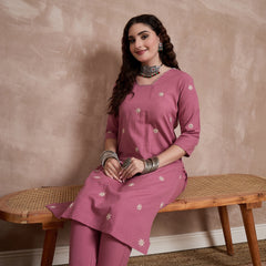 Floral Embroidered Thread Work Pure Cotton Kurta with Trouser