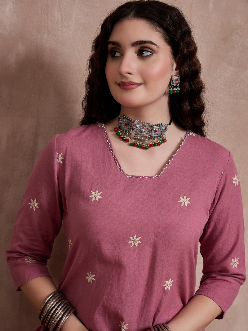 Floral Embroidered Thread Work Pure Cotton Kurta with Trouser