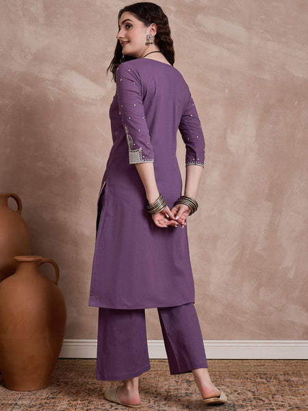 Floral Embroidered Thread Work Pure Cotton Kurta With Trousers