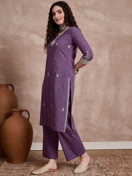 Floral Embroidered Thread Work Pure Cotton Kurta With Trousers