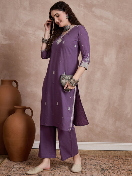 Floral Embroidered Thread Work Pure Cotton Kurta With Trousers