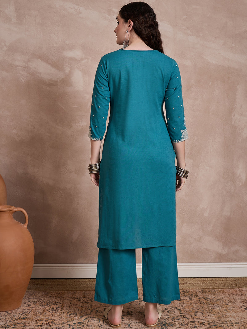 Floral Embroidered Thread Work Pure Cotton Kurta With Trouser