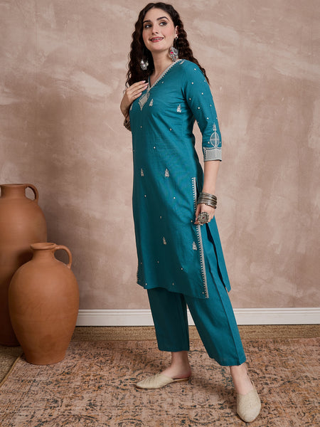 Floral Embroidered Thread Work Pure Cotton Kurta With Trouser