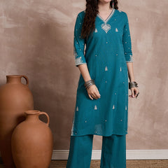 Floral Embroidered Thread Work Pure Cotton Kurta With Trouser