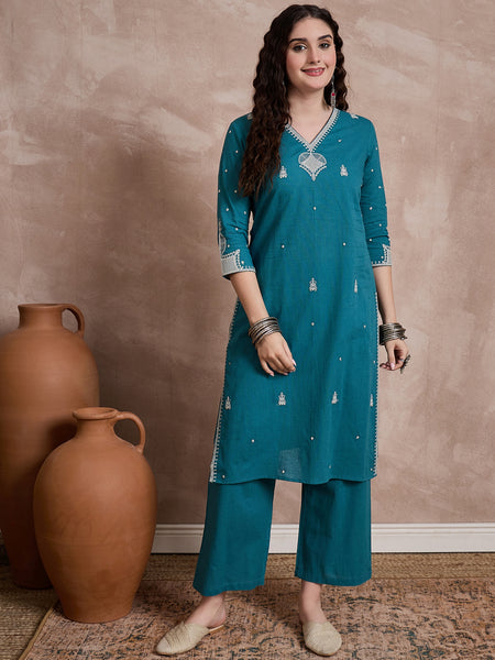 Floral Embroidered Thread Work Pure Cotton Kurta With Trouser