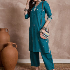 Floral Embroidered Thread Work Pure Cotton Kurta With Trouser
