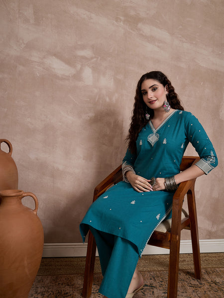 Floral Embroidered Thread Work Pure Cotton Kurta With Trouser