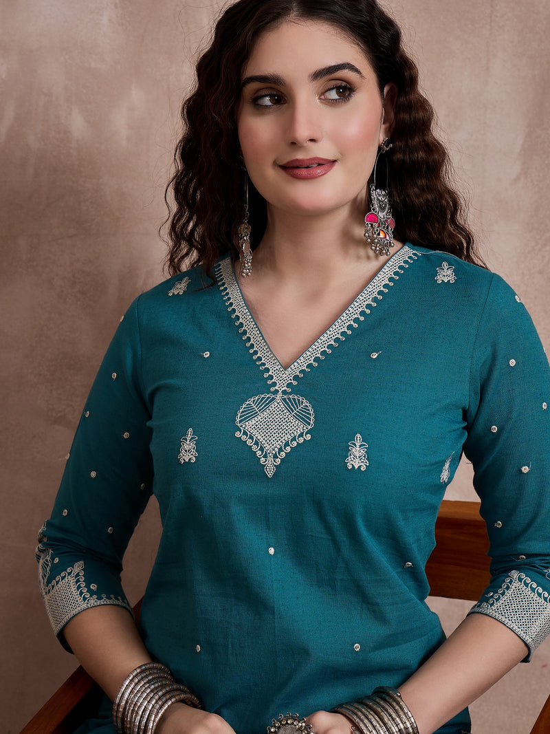 Floral Embroidered Thread Work Pure Cotton Kurta With Trouser