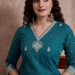 Floral Embroidered Thread Work Pure Cotton Kurta With Trouser