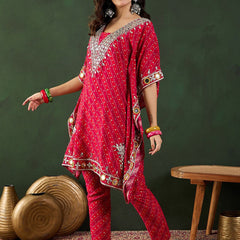 Red Bandhani Printed Regular Mirror Work Kaftan Kurta With Trouser