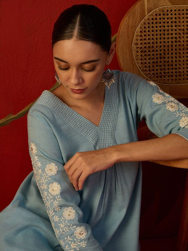 Embroidered V-Neck Tunic With Trouser Co-Ords Set