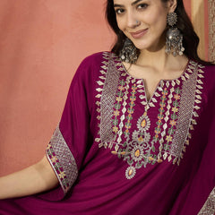 Floral Embroidered Notch Neck Kaftan Kurta With Trouser
