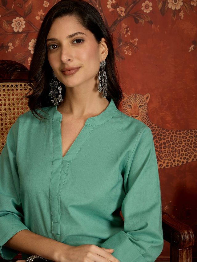Elaichi Green Mandarin Collar Pure Cotton Tunic With Trousers Kurta Set