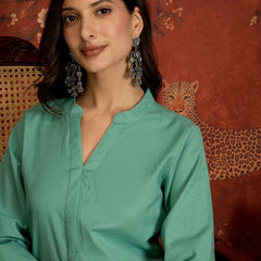 Elaichi Green Mandarin Collar Pure Cotton Tunic With Trousers Kurta Set