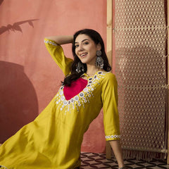Embellished Round Neck Mirror Work Tunic With Trouser