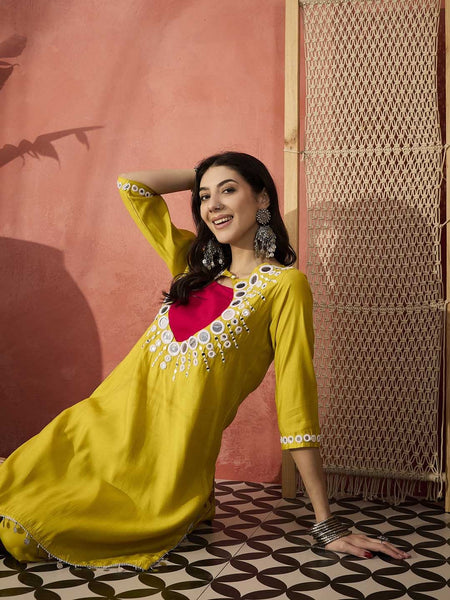 Embellished Round Neck Mirror Work Tunic With Trouser