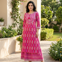 Ethnic Motifs Printed Pure Cotton Straight Kurta With Skirt