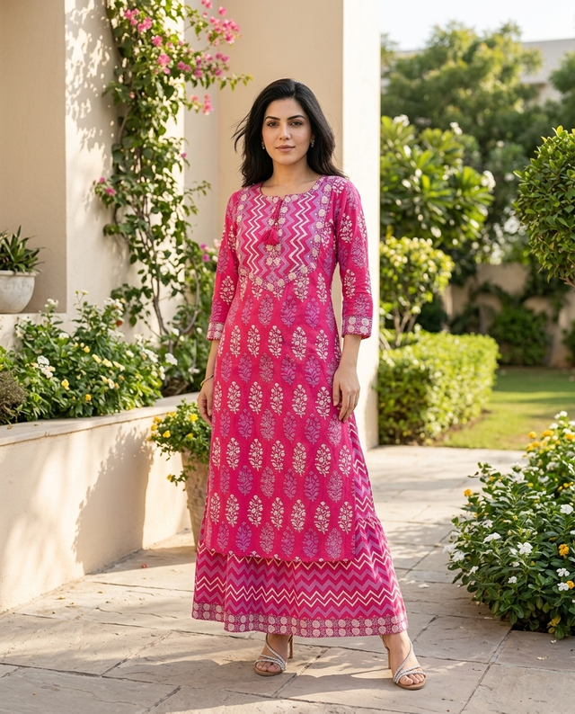Ethnic Motifs Printed Pure Cotton Straight Kurta With Skirt