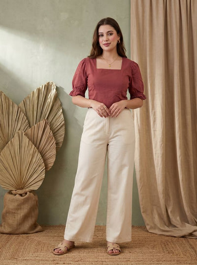 Maroon Solid Puff Sleeve Top