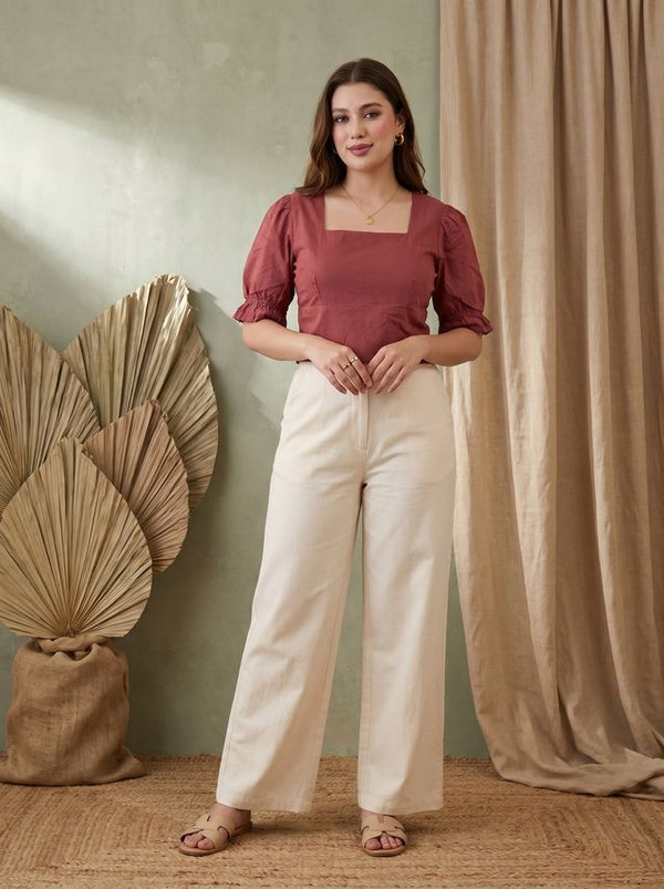 Maroon Solid Puff Sleeve Top