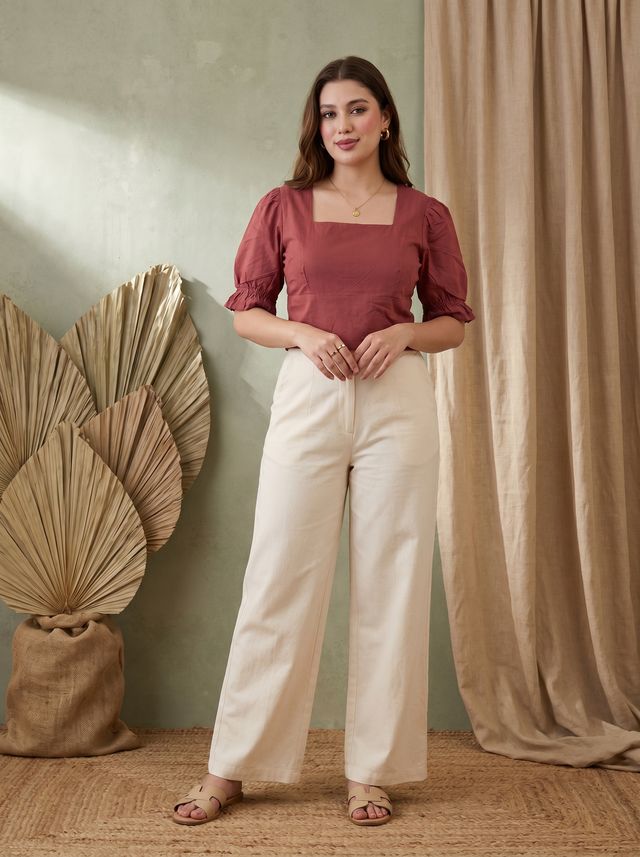 Maroon Solid Puff Sleeve Top