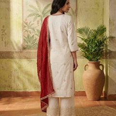 Floral Embroidered & Mirror Work Straight Kurta With & Trousers & Dupatta