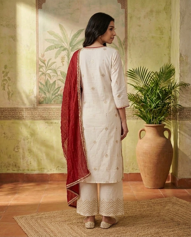 Floral Embroidered & Mirror Work Straight Kurta With & Trousers & Dupatta