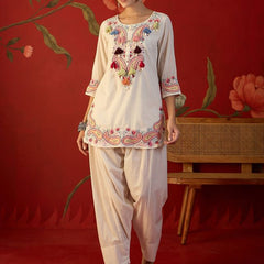 White Floral Embroidered Tunic With Farshi Salwar  Co-Ords Set