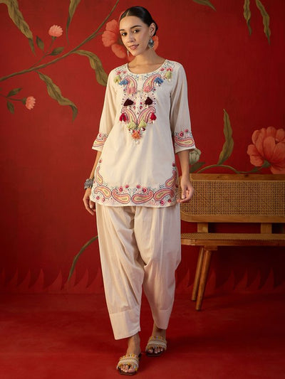 White Floral Embroidered Tunic With Farshi Salwar  Co-Ords Set