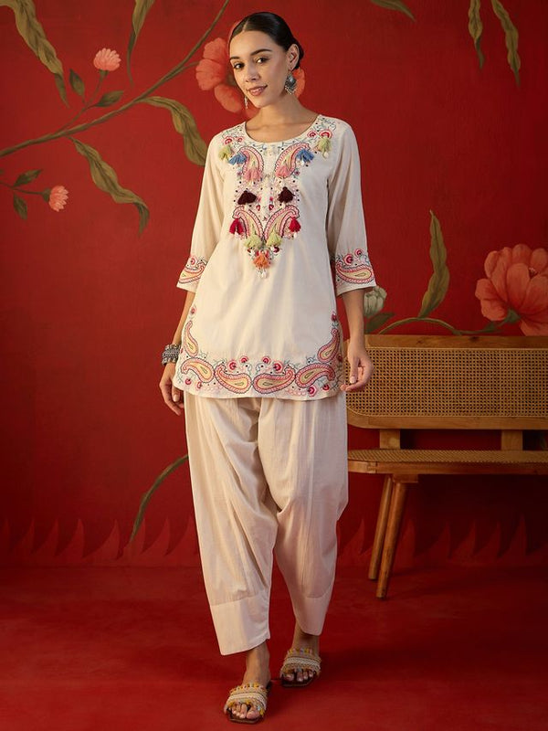 White Floral Embroidered Tunic With Farshi Salwar  Co-Ords Set