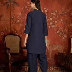 Navy Blue Mandarin Collar Pure Cotton Tunic With Trousers Kurta Set