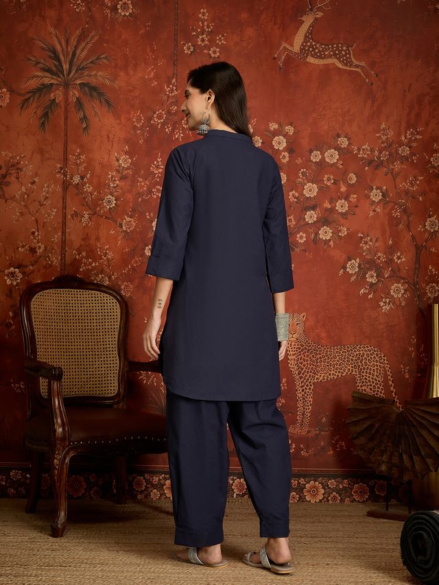 Navy Blue Mandarin Collar Pure Cotton Tunic With Trousers Kurta Set