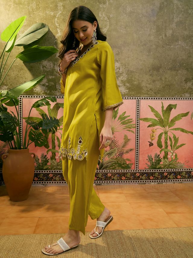Purple Embroidered & Mirror Work Straight Tunic  With Trousers Co-Ords Set