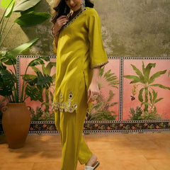 Purple Embroidered & Mirror Work Straight Tunic  With Trousers Co-Ords Set