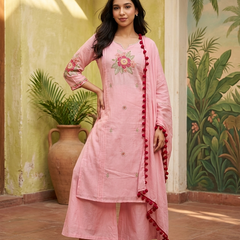 Floral Embroidered  Straight Kurta With & Trousers & Dupatta