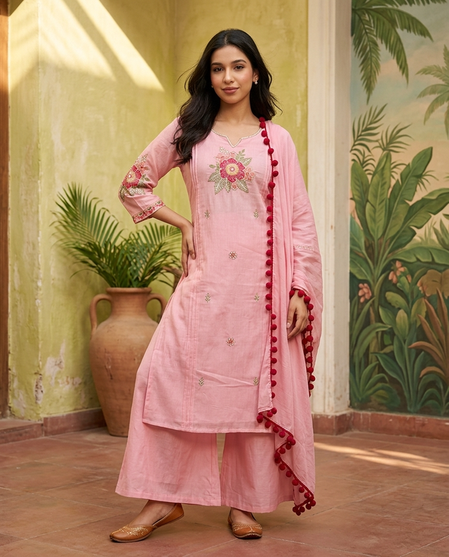 Floral Embroidered  Straight Kurta With & Trousers & Dupatta