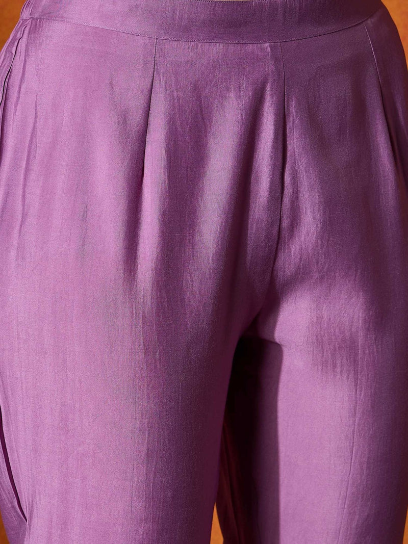 Purple Embroidered V-Neck Straight Kurta With Trousers And Dupatta