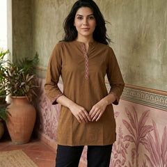 Brown Floral Embroidered Straight Short Kurti
