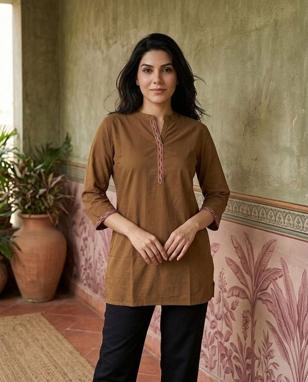Brown Floral Embroidered Straight Short Kurti