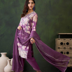 Floral Embroidered Round Neck Kurta With Dhoti Pants And Dupatta