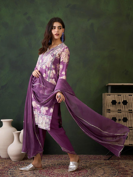 Floral Embroidered Notch Neck Straight Kurta With Trouser And Dupatta