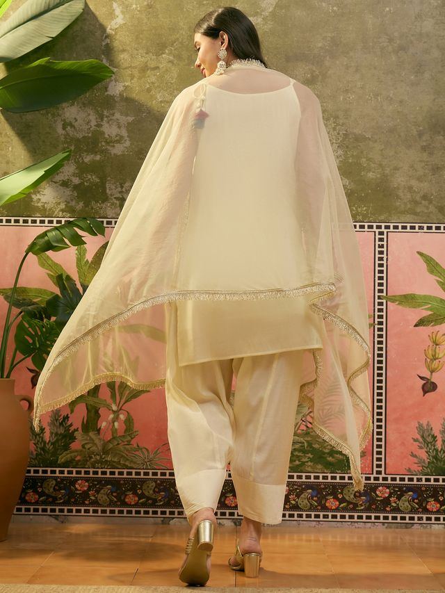 Off White Embroidered & Sequin Work Shoulder Straps  Kurta With Trouser & Dupatta Kurta Set