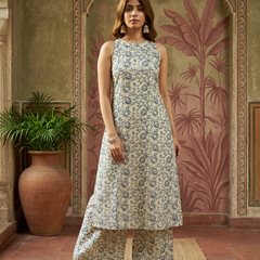 Pink Floral Printed Sleeveless A-Line Kurta With Palazzo Kurta Set