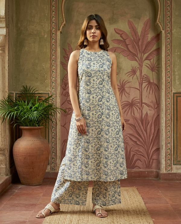 Pink Floral Printed Sleeveless A-Line Kurta With Palazzo Kurta Set