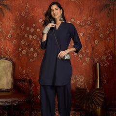 Navy Blue Mandarin Collar Pure Cotton Tunic With Trousers Kurta Set