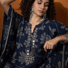 Floral Embroidered Regular Mirror Work Kaftan Kurta with Dhoti Pants